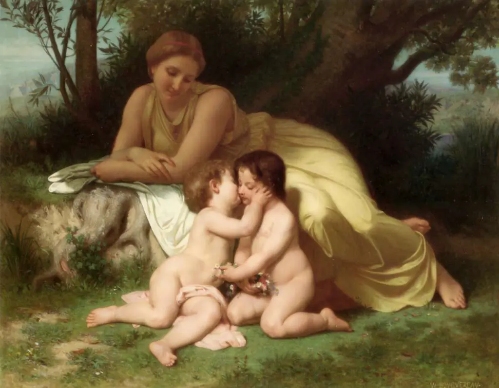 Bouguereau: Young Woman Contemplating Two Embracing Children