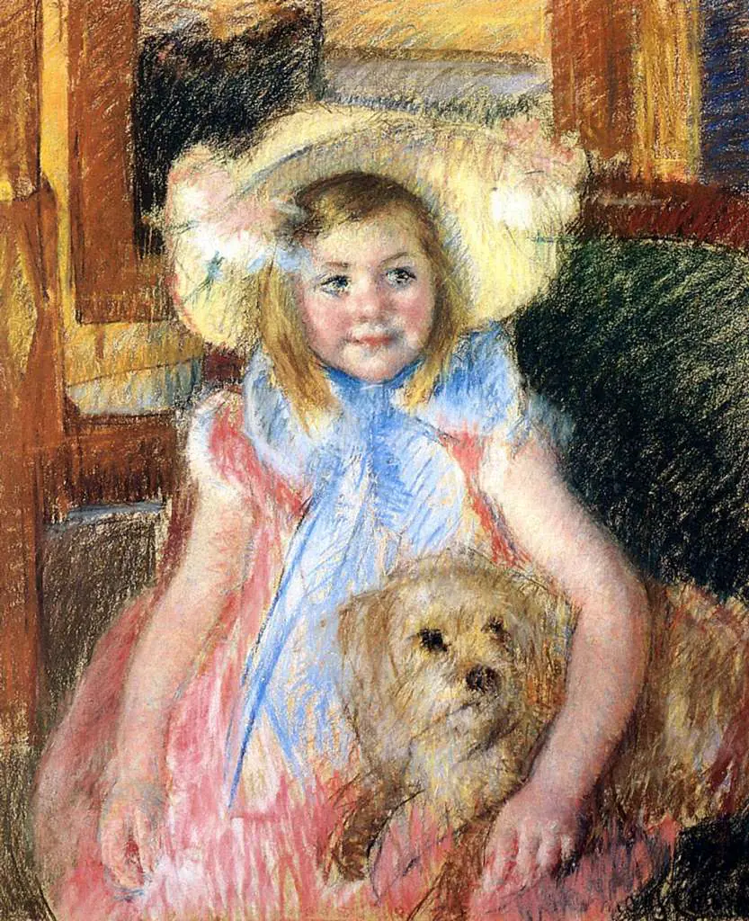 Mary Cassatt: Sara In A Large Flowered Hat Looking Right Holding Her Dog