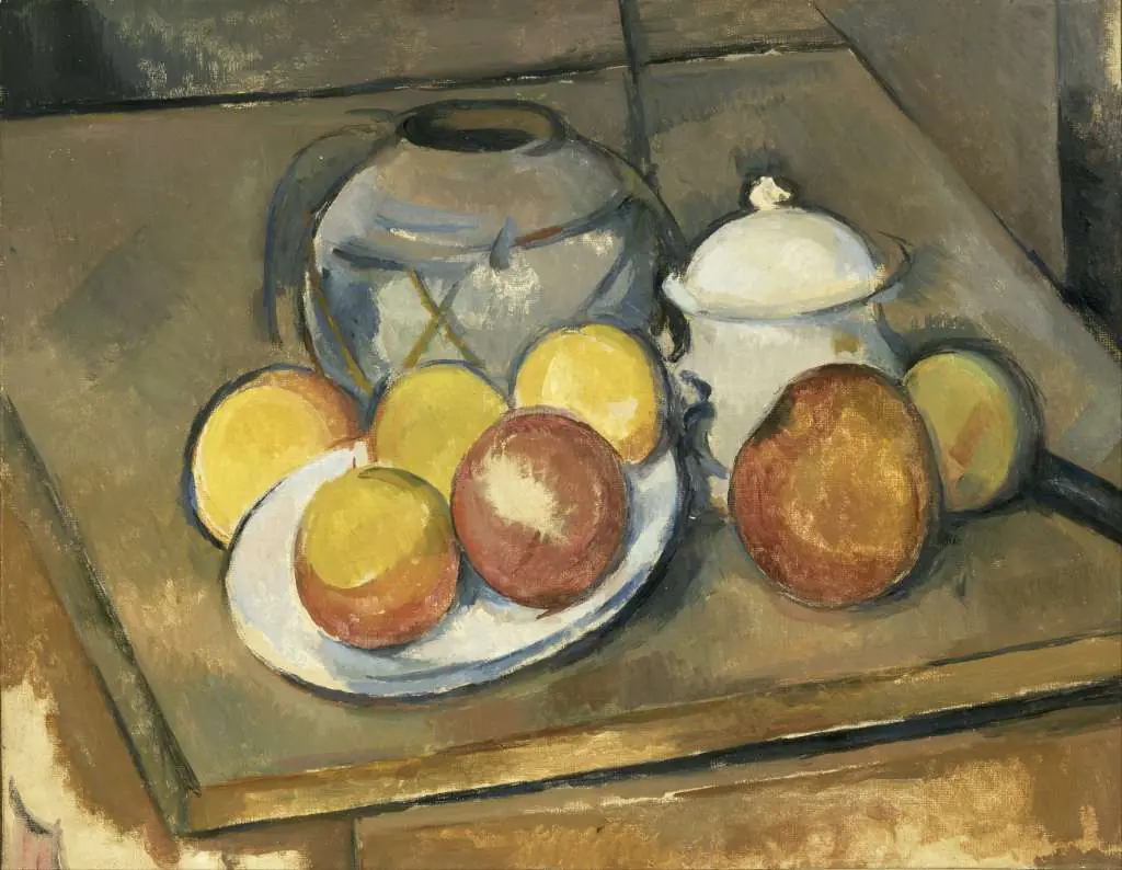 Cezanne: Straw-trimmed Vase Sugar Bowl And Apples