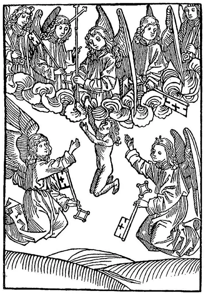 Dürer - Woodblocks &  Etchings: 7 Angels With Cross And 6 Keys Receive A Soul Into Heaven