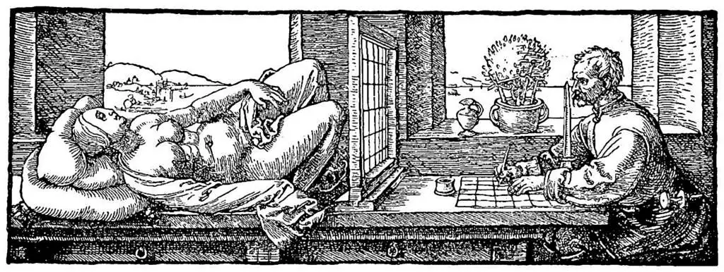 Dürer - Woodblocks &  Etchings: Artist Draws A Recumbent Woman