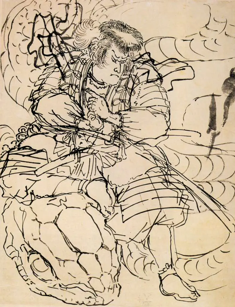 Japan Art: A Samurai Overwhelming A Giant Serpent