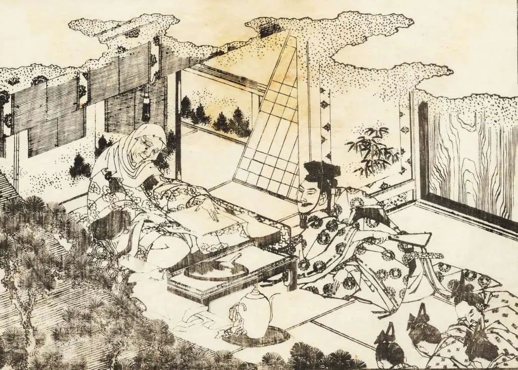 Japan Art: An Old Woman Perhaps Buddhism Nun Sits And A Young Woman Reads Something To Her