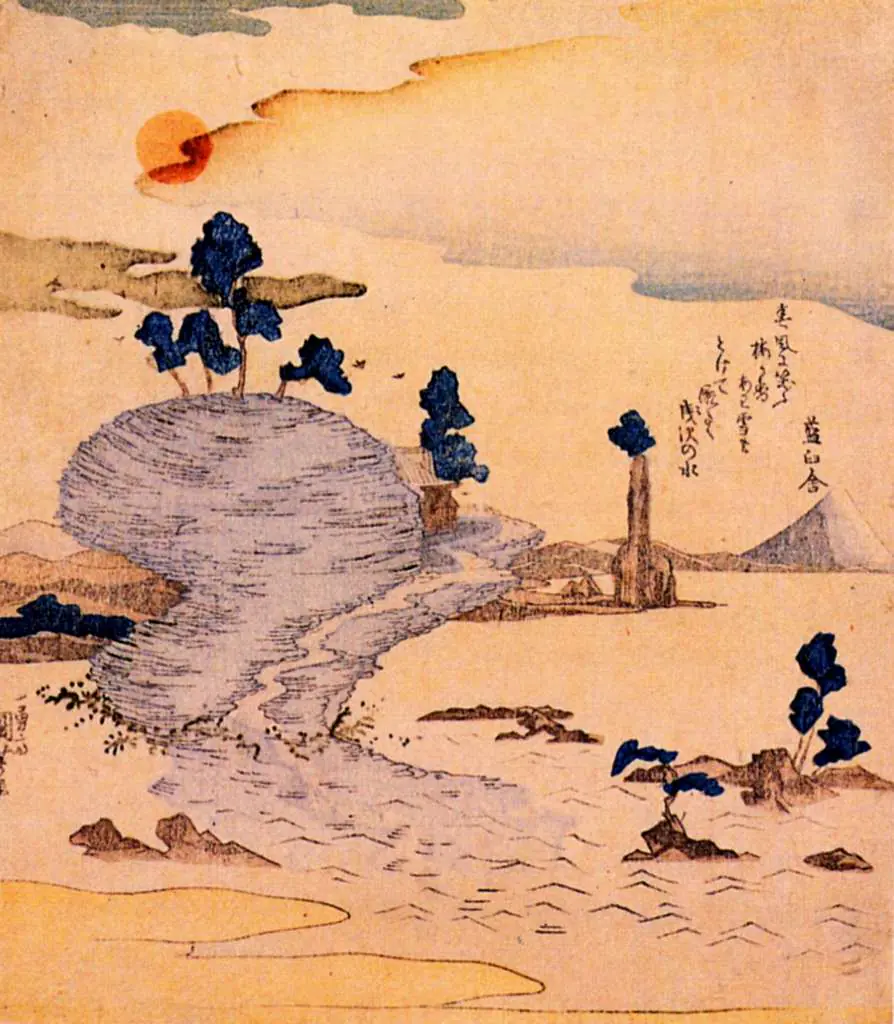 Japan Art: Island Enoshima. The Fuji Can Be Seen Far Away