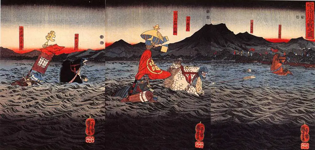 Japan Art: Kagesue Takatsuna And Shigetada Crossing The Uji River