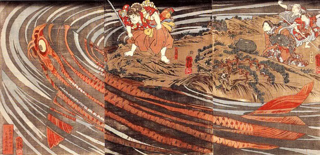 Japan Art: Oniwakamaru Preparing To Kill A Giant Carp