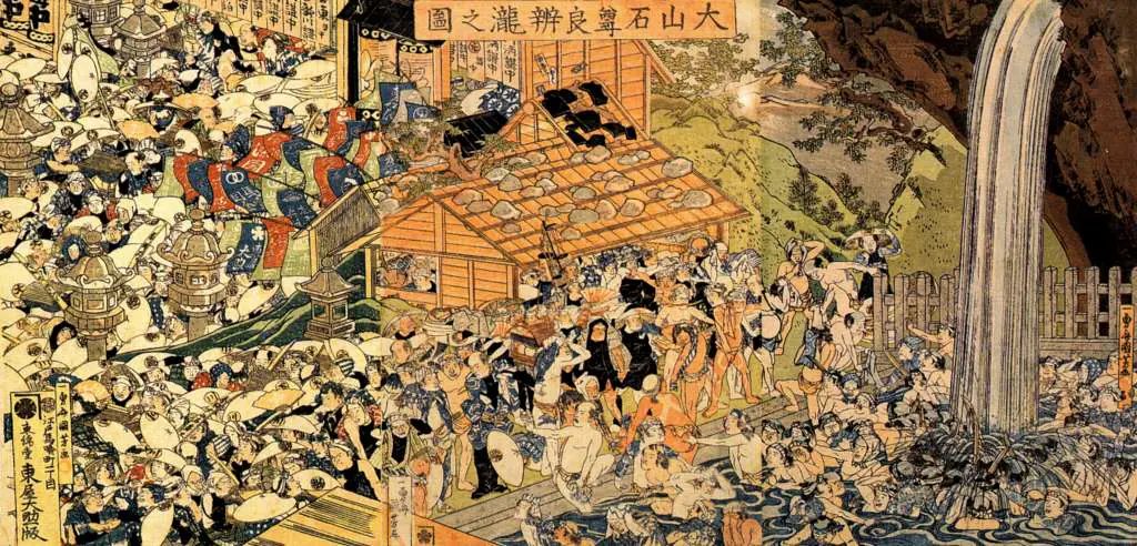 Japan Art: Pilgrims At The Roben Waterfall Oyama