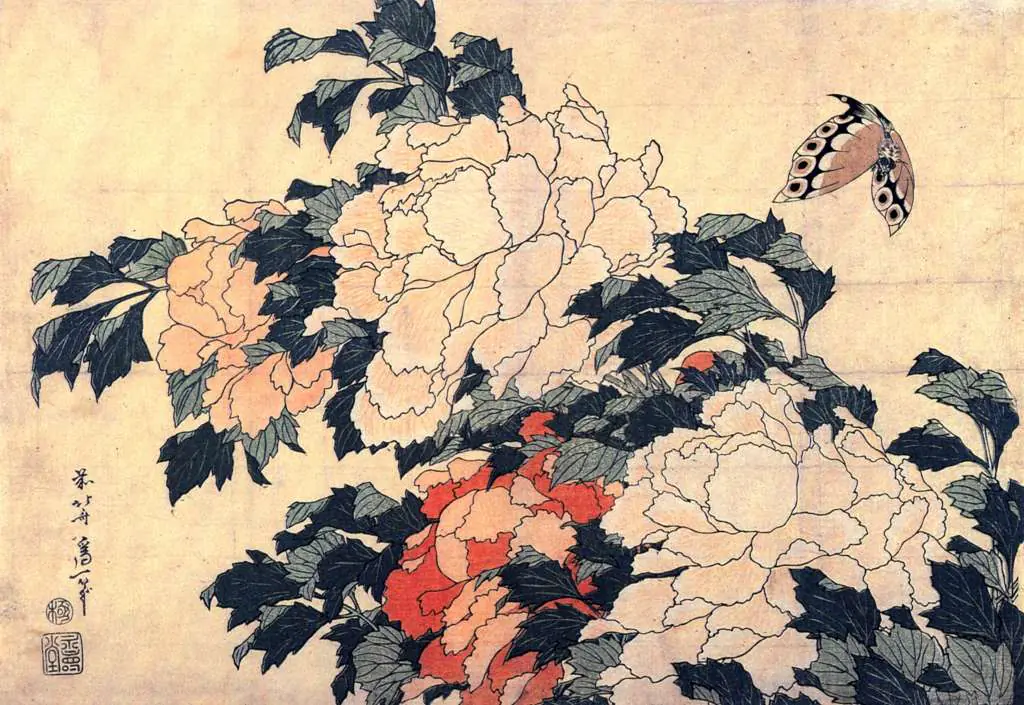 Japan Art: Poenies And Butterfly