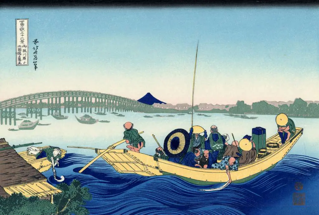 Japan Art: Sunset Across The Ryogoku Bridge From The Bank Of The Sumida River At Onmagayashi