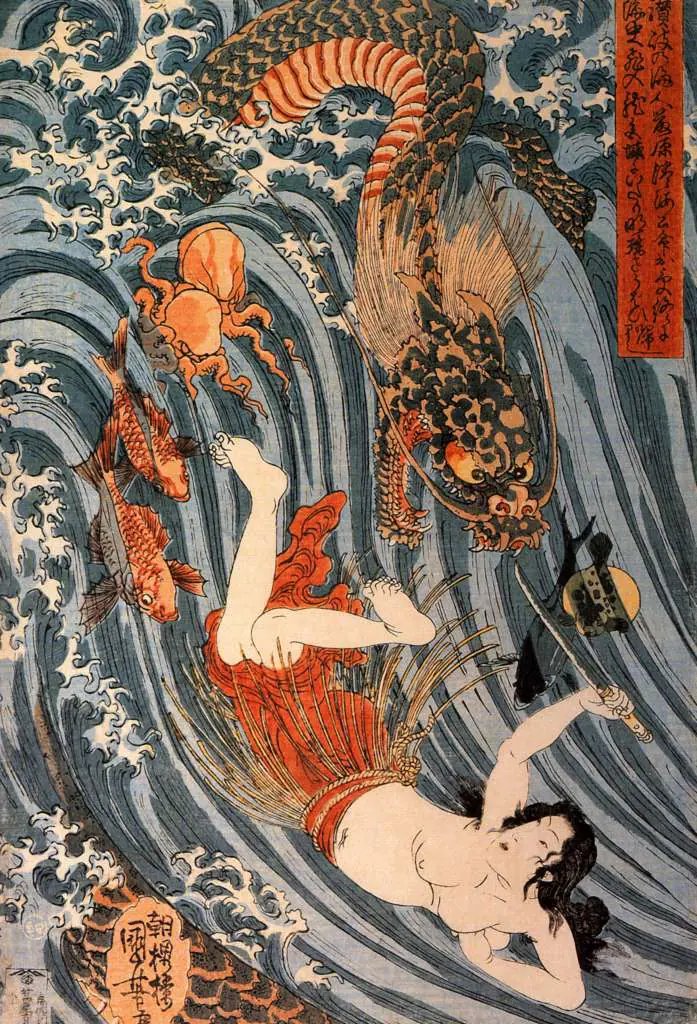 Japan Art: Tamatori Being Pursued Bya Dragon