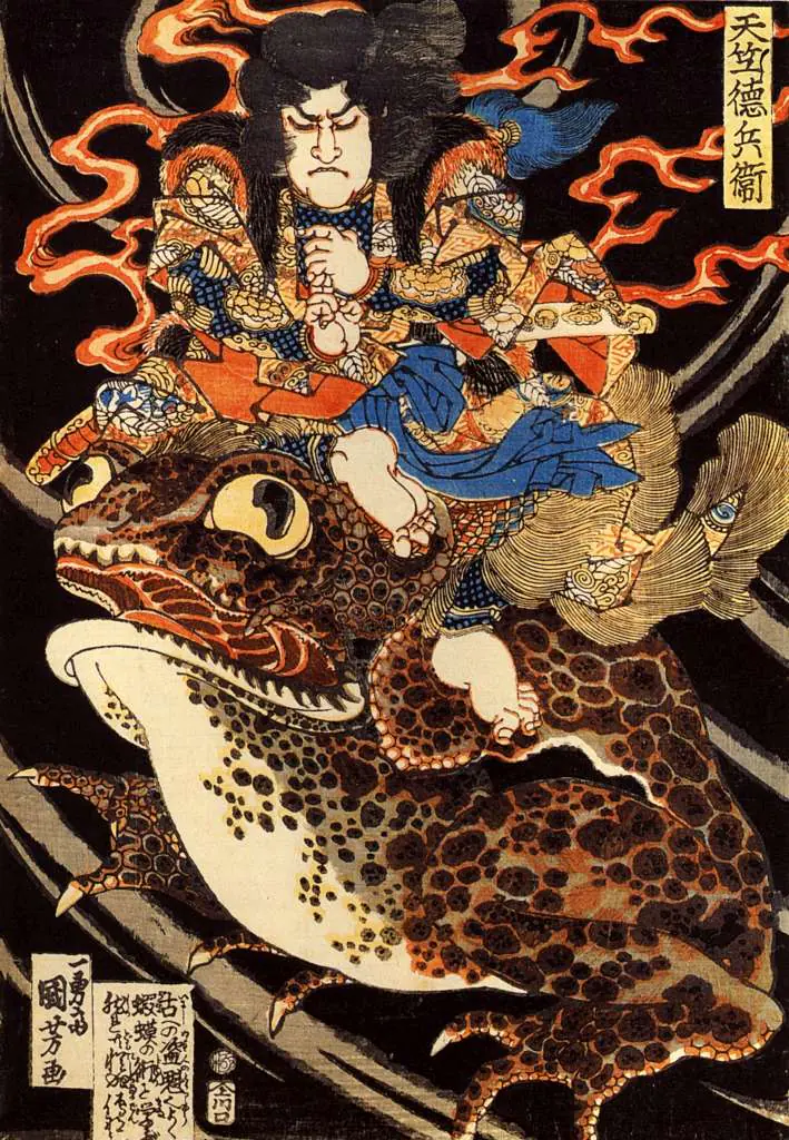Japan Art: Tenjiku Tokubei Riding A Giant Toadn