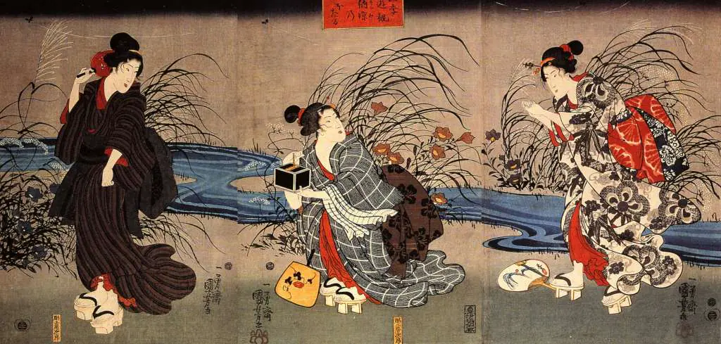 Japan Art: Woman Catching Firefly By A Stream