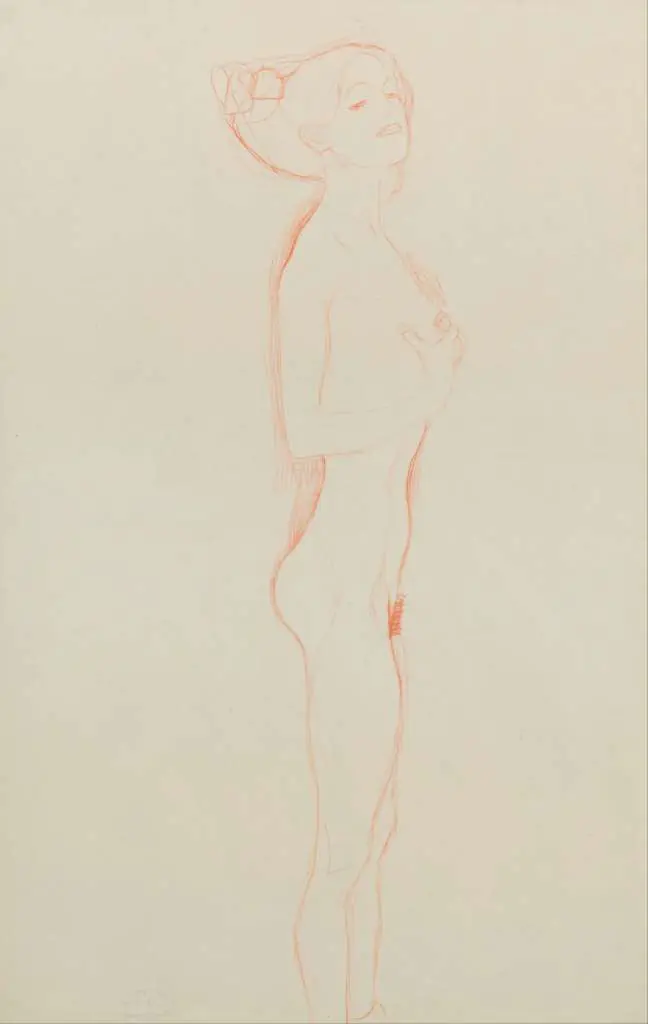 Klimt: Naked Girl Standing With Right Hand To Breast