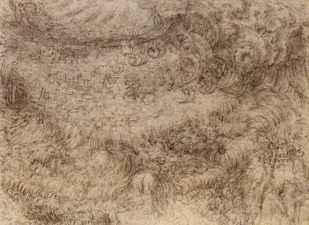 Leonardo Drawings & Studies: Stormy Deluge Ahead A City On A Hill