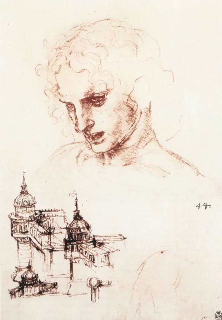 Leonardo Drawings & Studies: Study Of An Apostle-s Head And Architectural Study