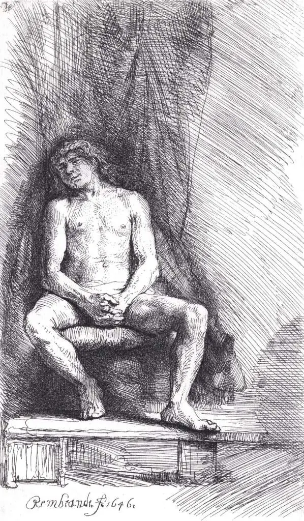 Rembrandt: Nude Man Seated Before A Courtain