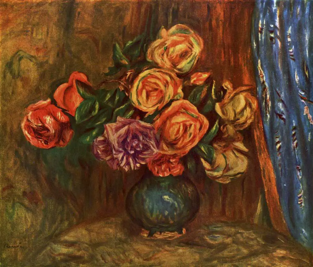 Renoir: Still Life Roses Before A Blue Curtain