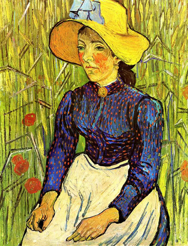van Gogh Auvers sur Oise 1890: Young Peasant Woman With Straw Hat Sitting In The Wheat