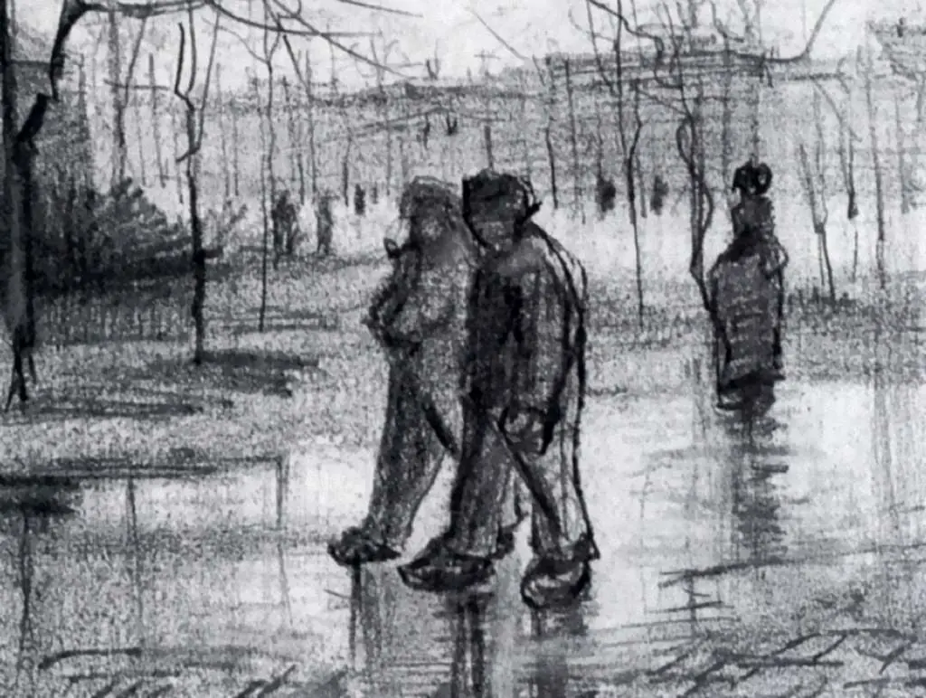 van Gogh Drawings: A Public Garden With People Walking In The Rain