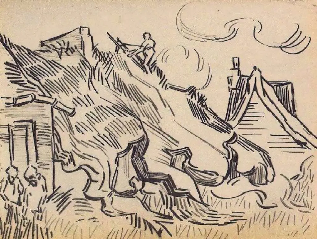 van Gogh Drawings: Cottages With Thatched Roofs And Figures