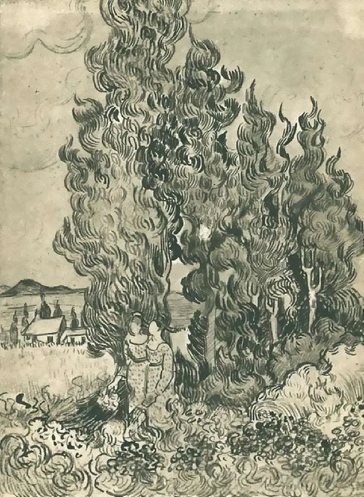 van Gogh Drawings: Cypresses With Two Women In The Foreground