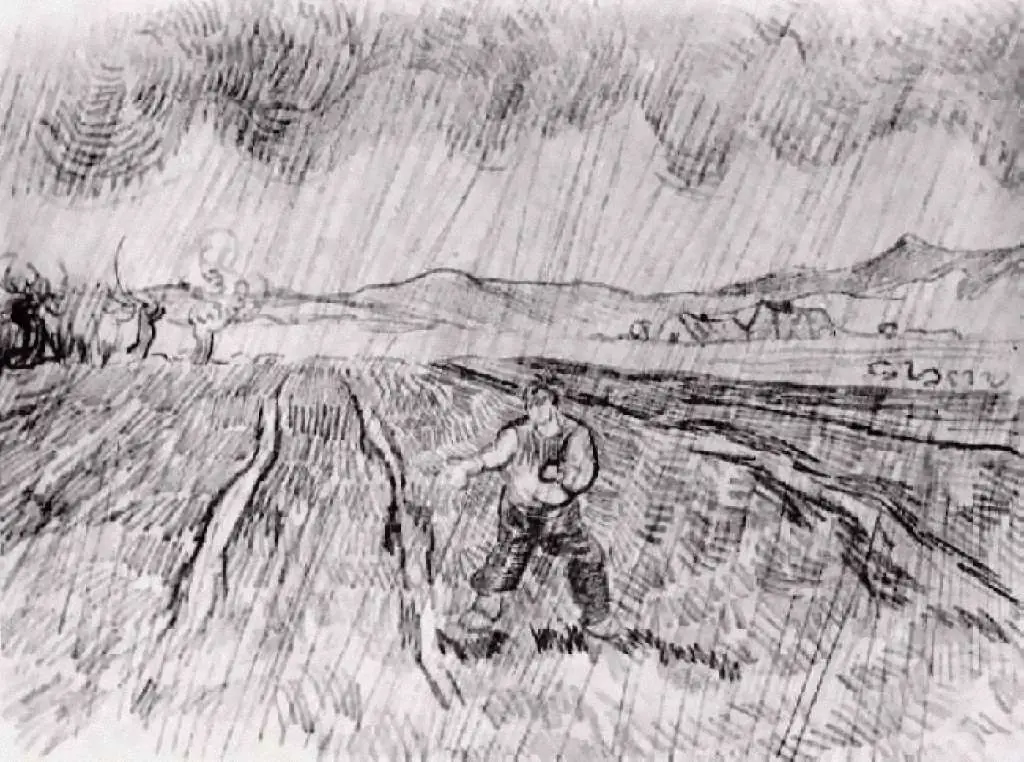 van Gogh Drawings: Enclosed Field With A Sower In The Rain