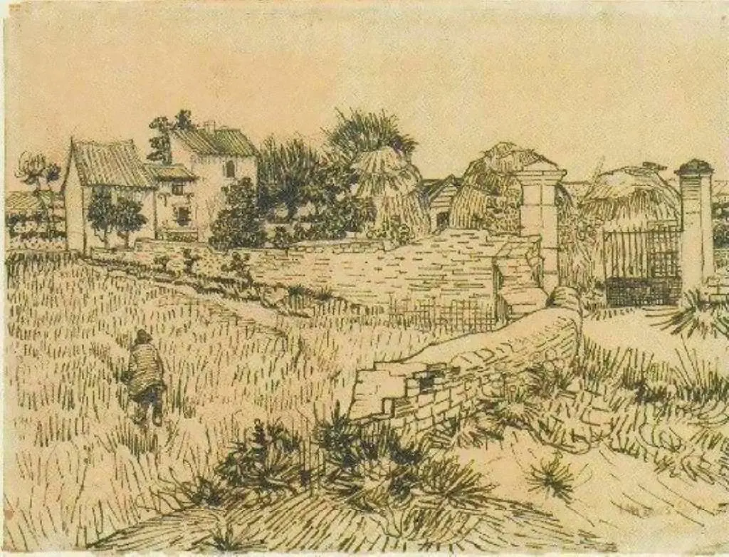 van Gogh Drawings: Entrance Gate To A Farm With Haystacks