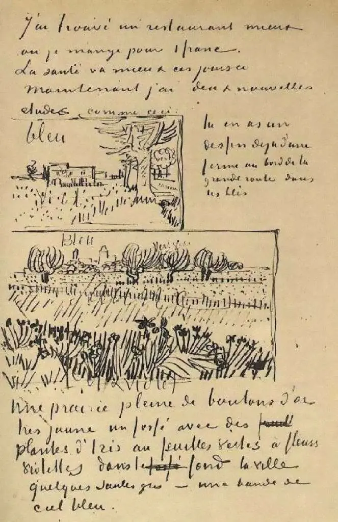 van Gogh Drawings: Farmhouse With Wheat Field Along A Road And Field With Flowers