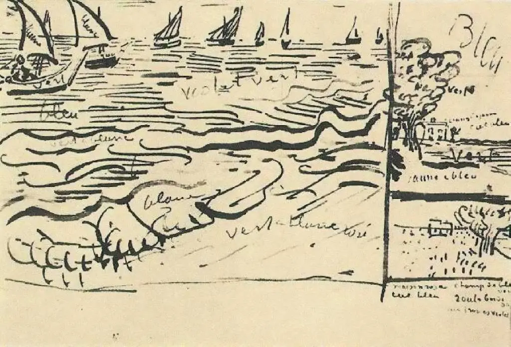 van Gogh Drawings: Fishing Boats At Sea Landscape With Edge Of A Road And A Farm Along A Road
