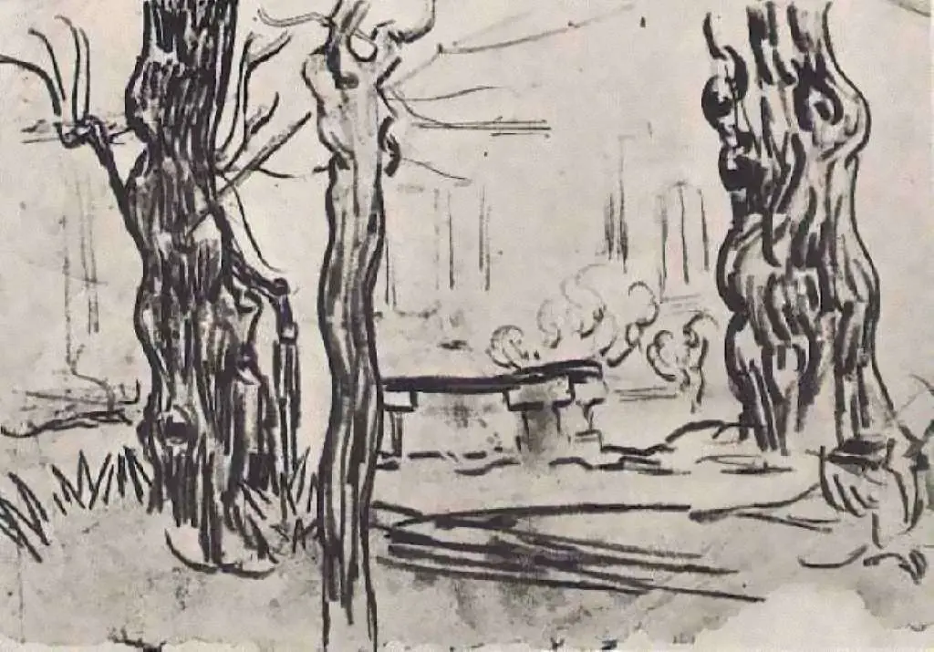van Gogh Drawings: Garden Of The Asylum And Tree Trunks And A Stone Bench