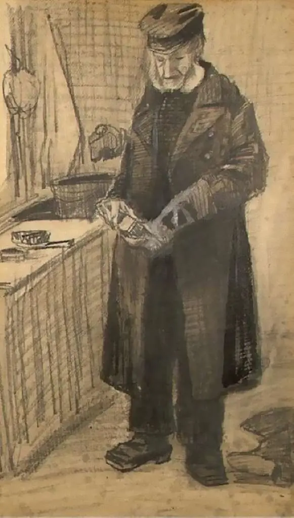 van Gogh Drawings: Orphan Man With Long Overcoat Cleaning Boots