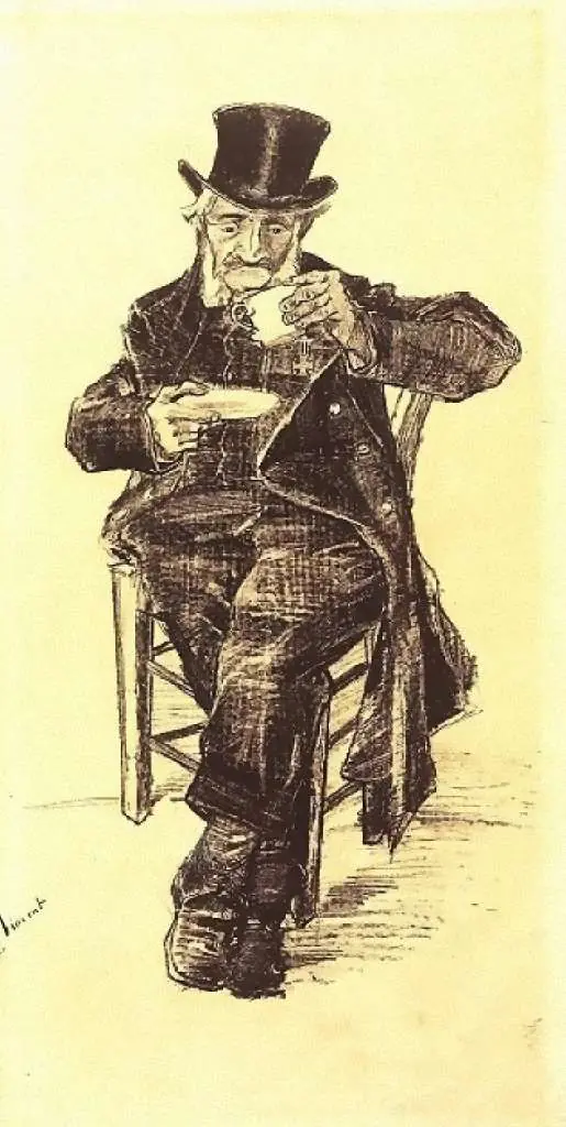 van Gogh Drawings: Orphan Man With Top Hat Drinking Coffee