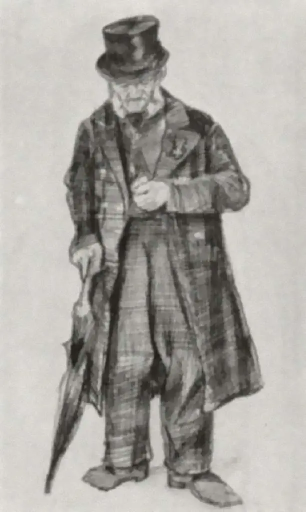 van Gogh Drawings: Orphan Man With Top Hat And Umbrella Looking At His Watch