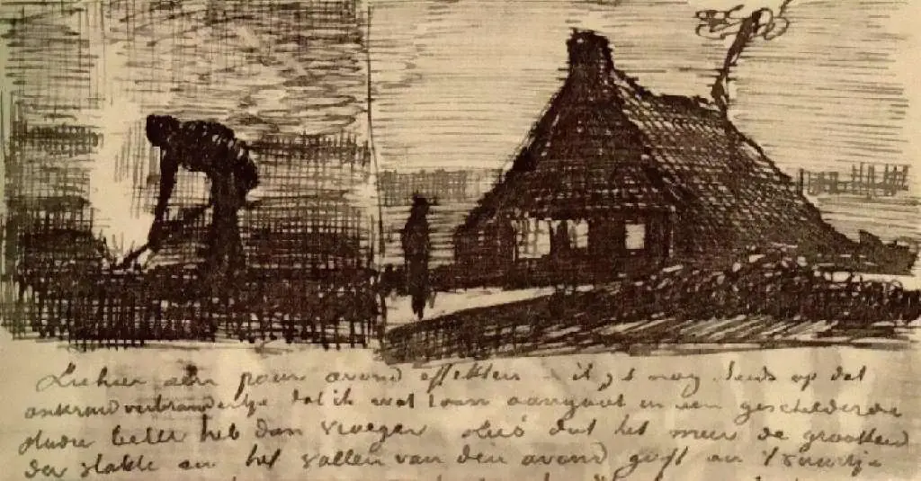 van Gogh Drawings: Peasant Burning Weeds And Farmhouse At Night