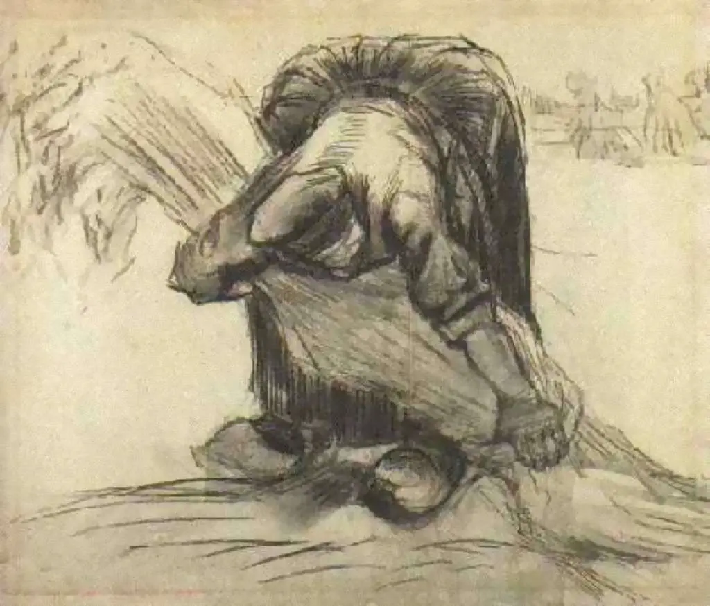 van Gogh Drawings: Peasant Woman Picking Up A Sheaf Of Grain