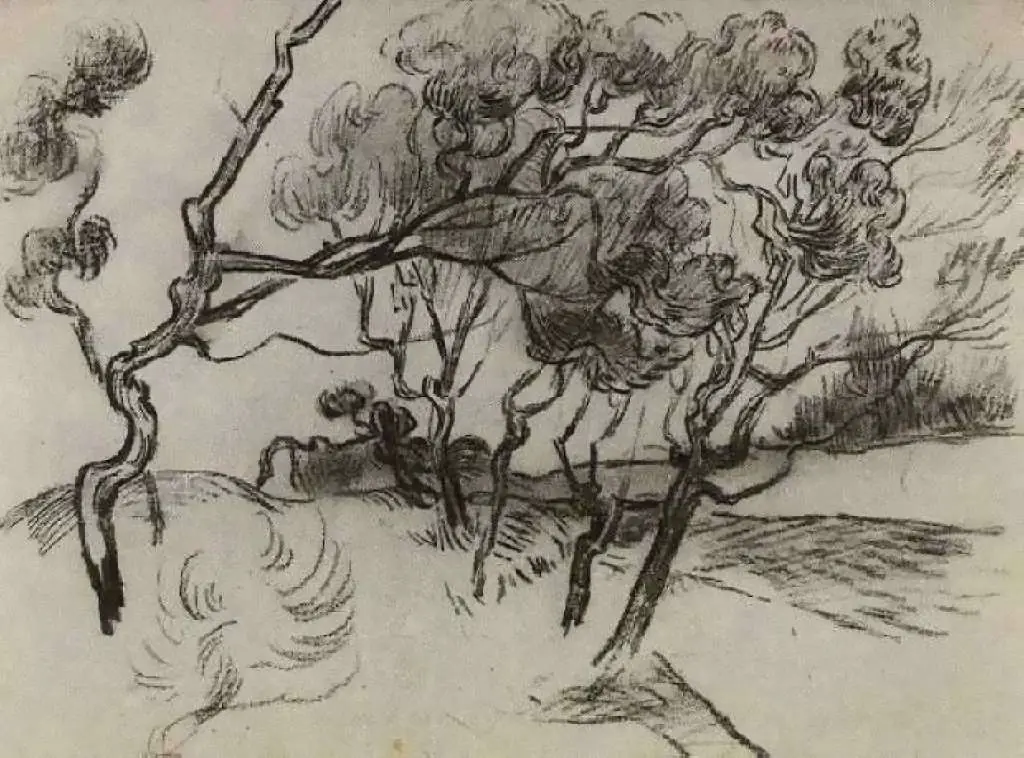 van Gogh Drawings: Pine Trees Along A Road To A House