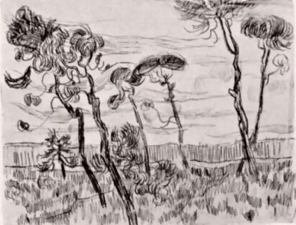van Gogh Drawings: Pine Trees In Front Of The Wall Of The Asylum