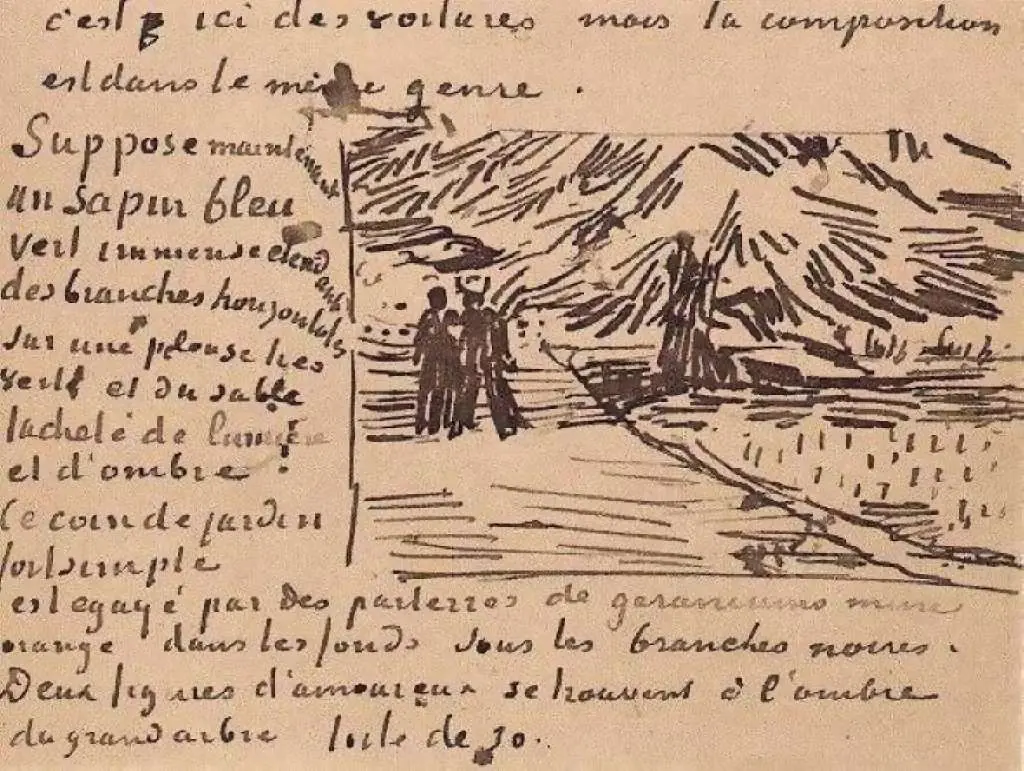 van Gogh Drawings: Public Garden With A Couple And A Blue Fir Tree
