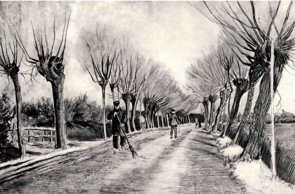 van Gogh Drawings: Road With Pollard Willows And Man With Broom