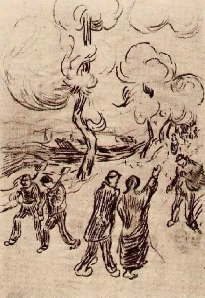 van Gogh Drawings: Several Figures On A Road With Trees