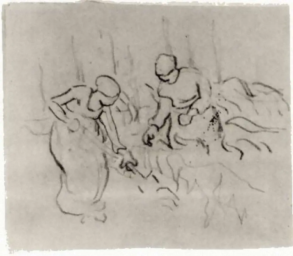 van Gogh Drawings: Sketch Of Women In A Field