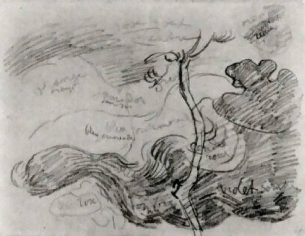 van Gogh Drawings: Sketch Of A Tree Against Clouds With Colour Annotations