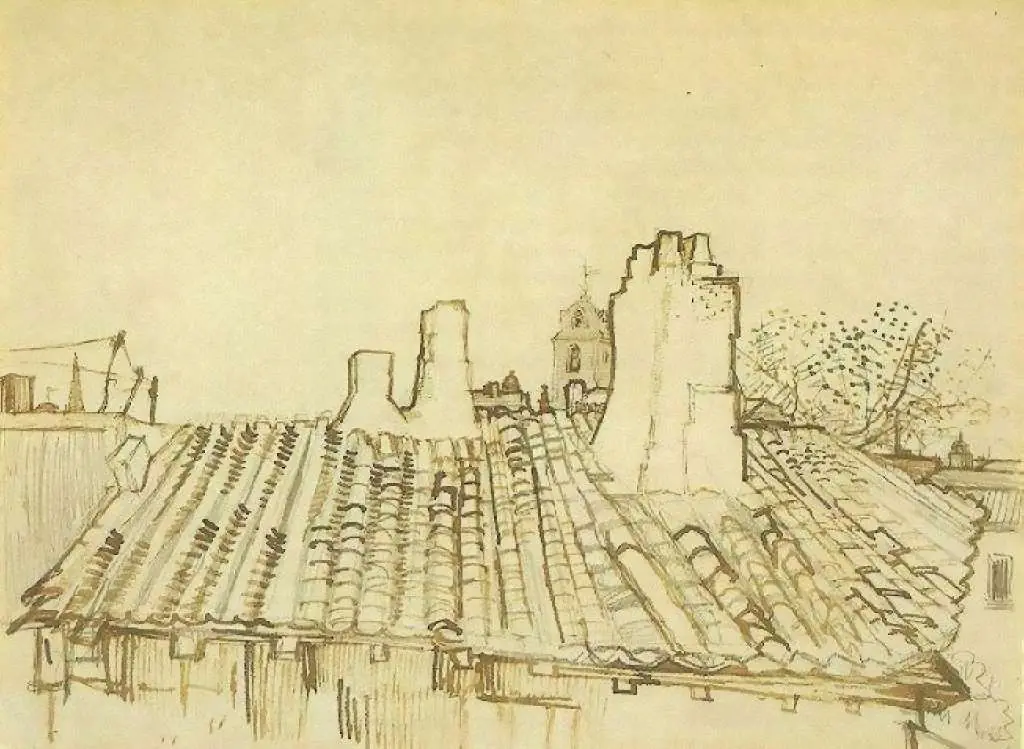 van Gogh Drawings: Tiled Roof With Chimneys And Church Tower