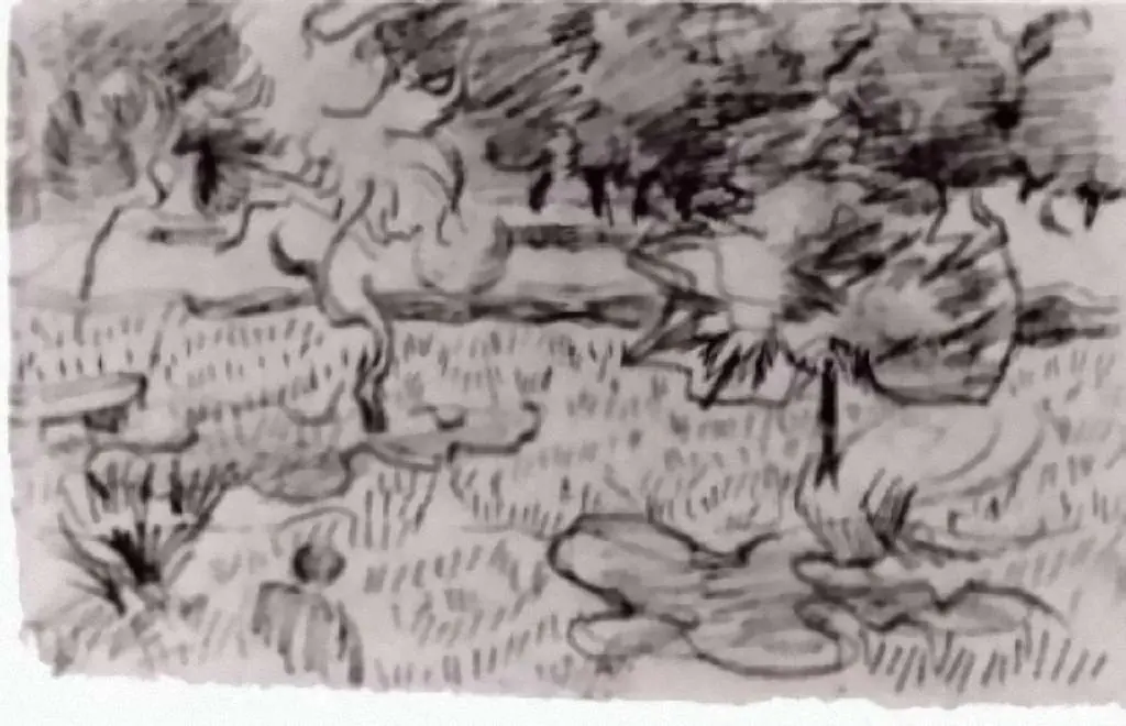 van Gogh Drawings: Trees And A Stone Bench In The Garden Of The Asylum