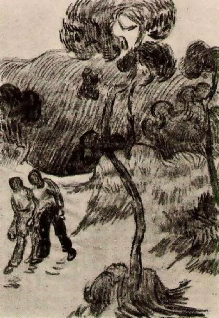 van Gogh Drawings: Two Men Walking In A Landscape With Trees