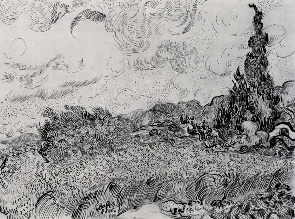 van Gogh Drawings: Wheat Field With Cypresses