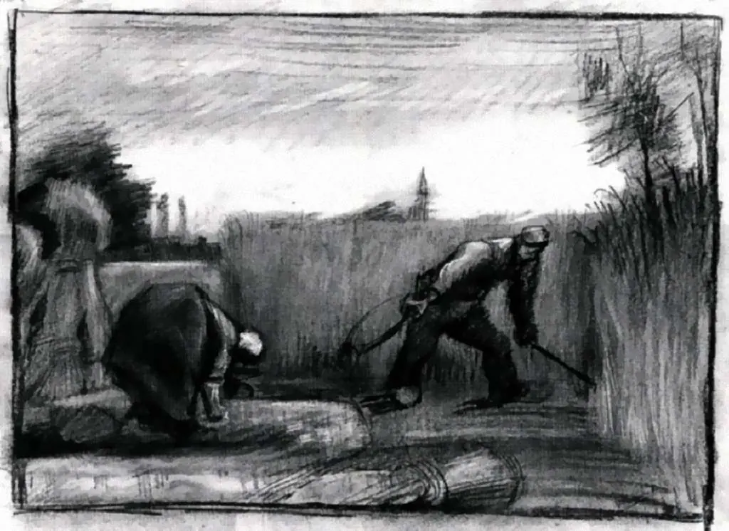 van Gogh Drawings: Wheat Field With Mower And A Stooping Peasant Woman