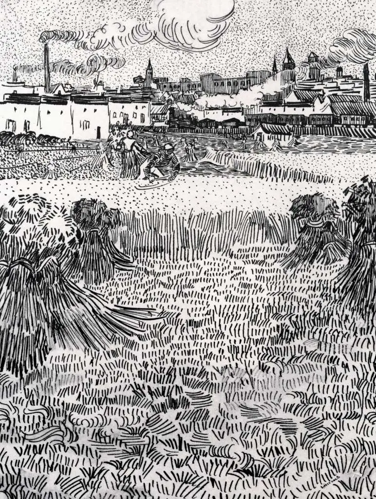 van Gogh Drawings: Wheat Field With Sheaves And Arles In The Background2