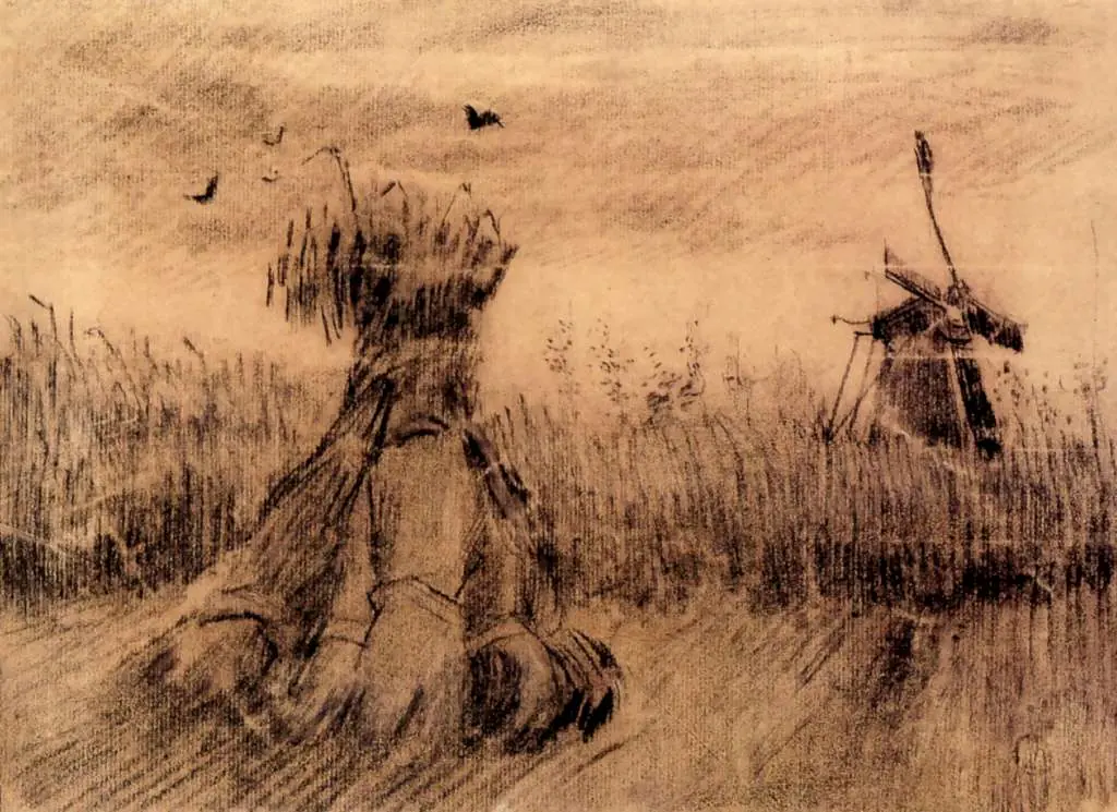 van Gogh Drawings: Wheatfield With A Stook And A Mill