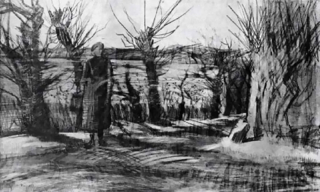 van Gogh Drawings: Woman On A Road With Pollard Willows